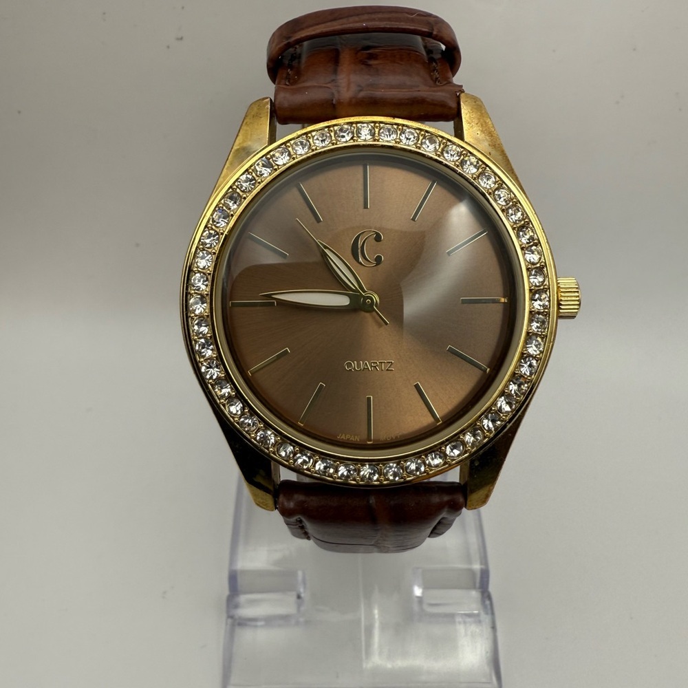 C Womens Brown Band Watch New Battery Gold Dial Rhinestone Bezel C Womens Brown Band Watch New Battery Gold Dial Rhinestone Bezel